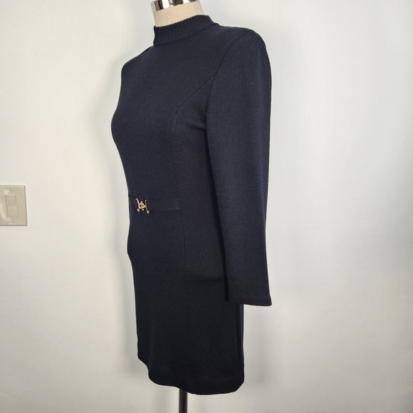 ST JOHN COLLECTION Black Santana Knit Mock Neck Belted Sheath Dress Size 8 - Picture 2 of 13